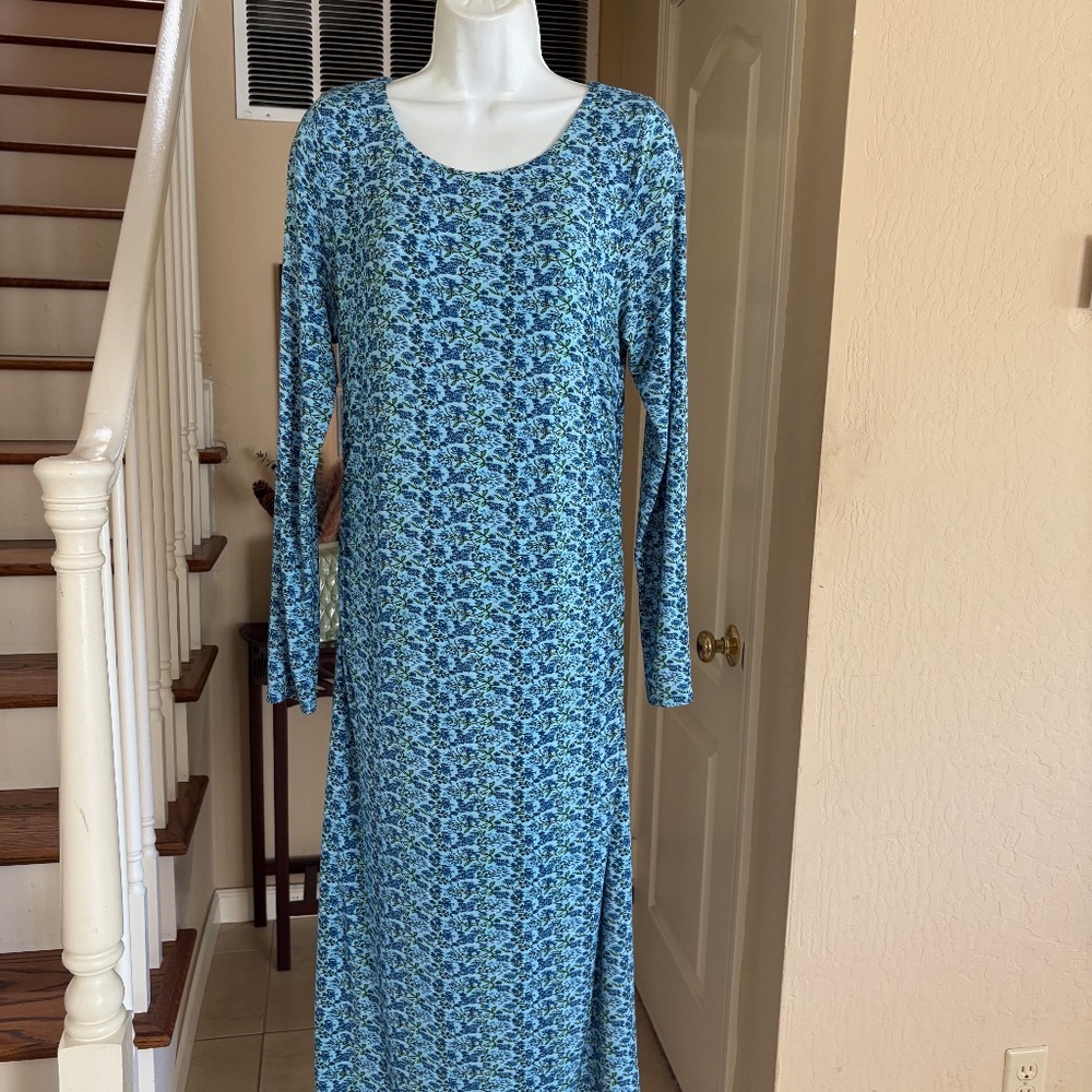 NWOT J Peterman Blue Floral Secret Keeper Ruched Midi Dress Soft Fabric L